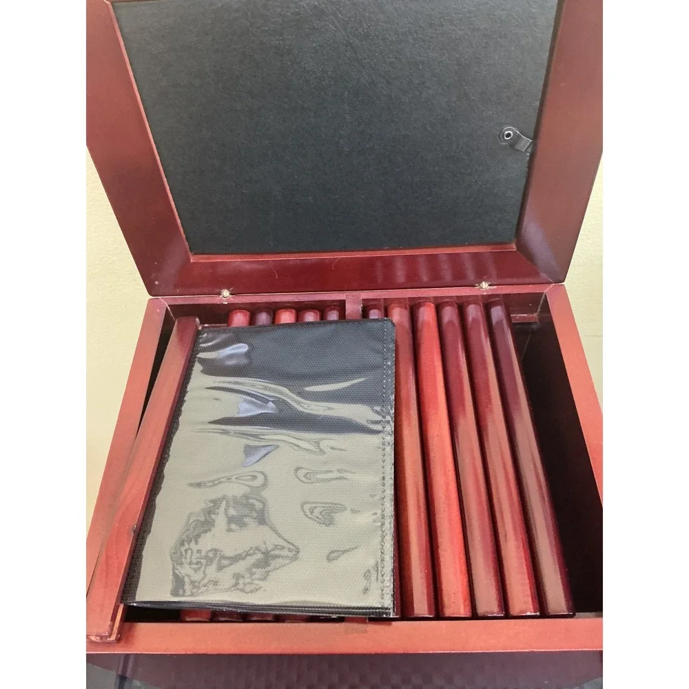 Vintage Wooden Photo Storage Box Ornate Metal Frame Lid Cherry Finish Organizer